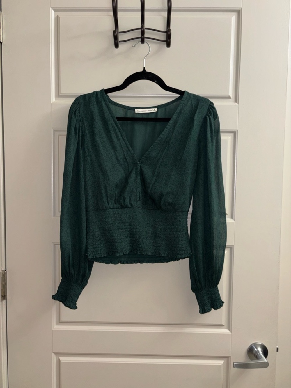 Abercrombie & Fitch Dark Green V-Neck Smocked Waist Blouse
